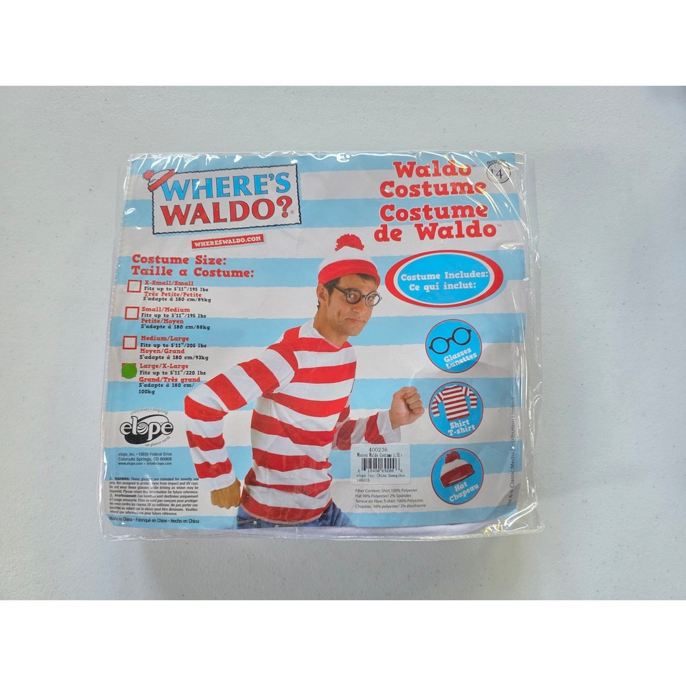 Wheres Waldo Costume Mens Medium Large Shirt Hat Glasses Set
